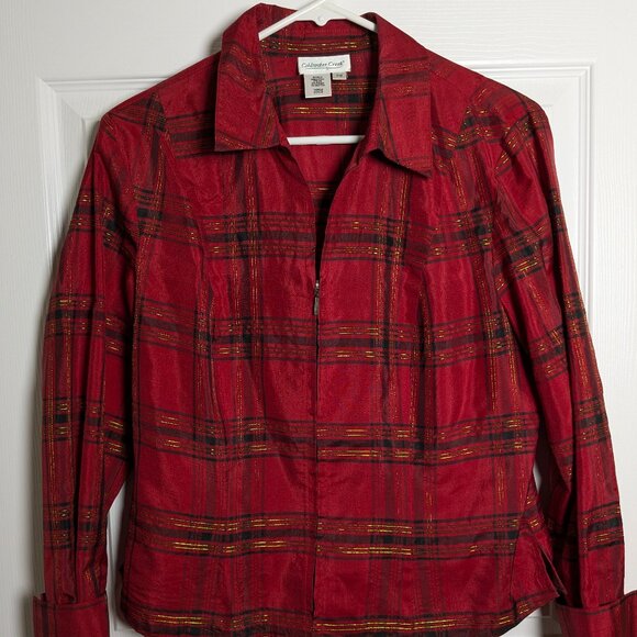 Coldwater Creek Women's Silk Red Gold Metallic Plaid Top Zip Front Petite Medium - Picture 2 of 16